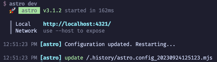 Astro dev server - update when .history file has changed